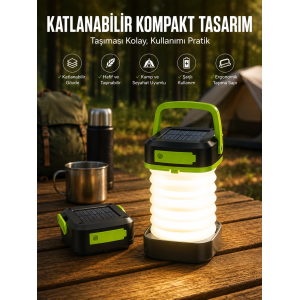 Katlanabilir Kamp Lambası Solar Fener Görünümlü 3 Kademeli Şarjlı