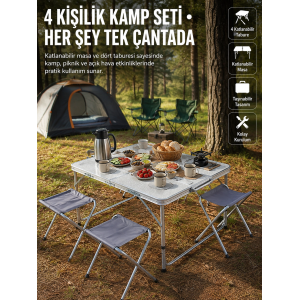 Katlanabilir Kamp Masası Ve 4 Tabure Seti Taşınabilir Alüminyum Gövdeli Piknik Masası