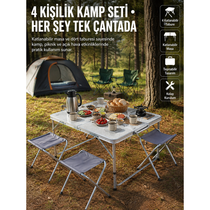 Katlanabilir Kamp Masası Ve 4 Tabure Seti Taşınabilir Alüminyum Gövdeli Piknik Masası Katlanabilir Kamp Masası Ve 4 Tabure Seti Taşınabilir Alüminyum Gövdeli Piknik Masası