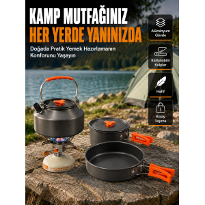 Katlanabilir Kulplu Alüminyum Kamp Tencere Tava Çaydanlık Seti Piknik Ve Doğa Kampı İçin