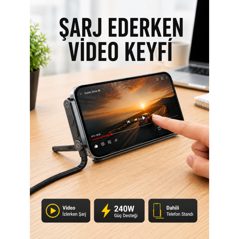 Katlanabilir Telefon Standlı 240w Type-c Hızlı Şarj Kablosu Katlanabilir Telefon Standlı 240w Type-c Hızlı Şarj Kablosu