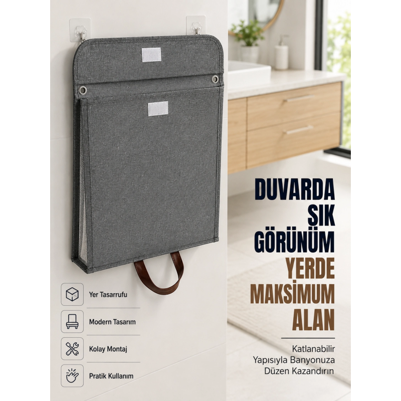 Katlanır Duvar Askılı Çamaşır Sepeti Geniş İç Hacimli Banyo Düzenleyici Katlanır Duvar Askılı Çamaşır Sepeti Geniş İç Hacimli Banyo Düzenleyici
