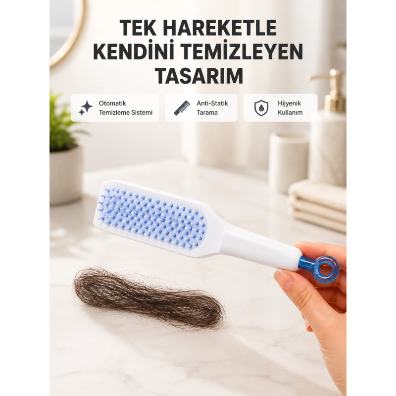 Kendi Kendini Temizleyen Saç Tarağı – Anti-statik, Silikon Uçlu, Abs Malzeme, 22x4 Cm Kendi Kendini Temizleyen Saç Tarağı – Anti-statik, Silikon Uçlu, Abs Malzeme, 22x4 Cm