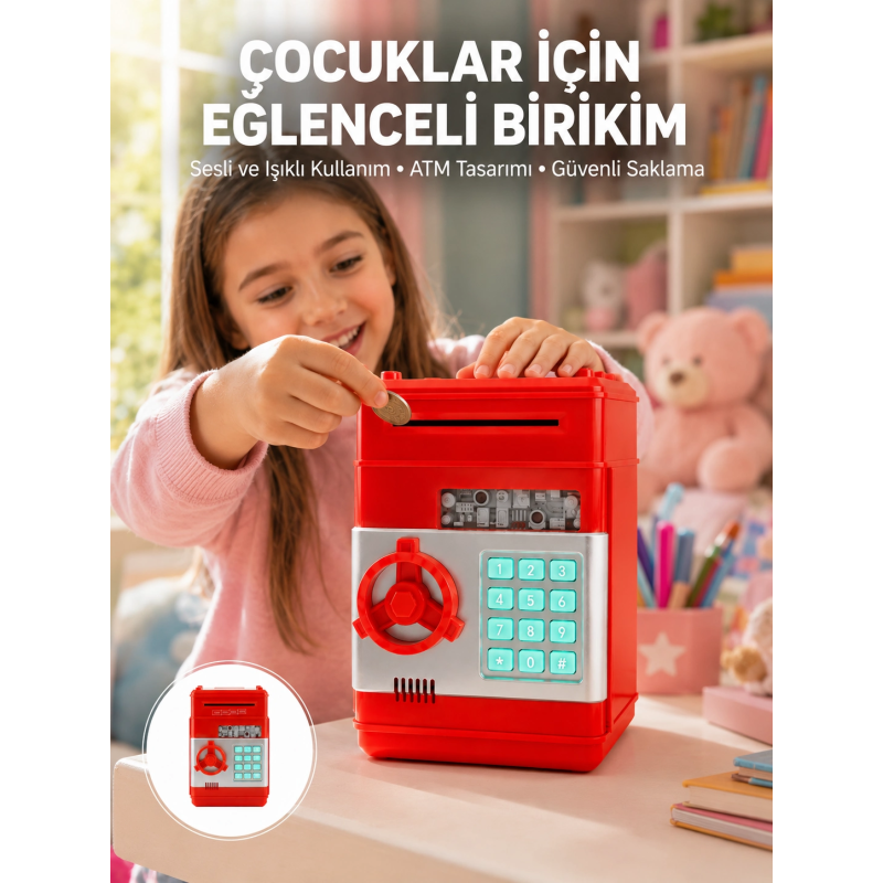Kırmızı Atm Kasa Tipi Para Biriktirme Kumbarası Kırmızı Atm Kasa Tipi Para Biriktirme Kumbarası