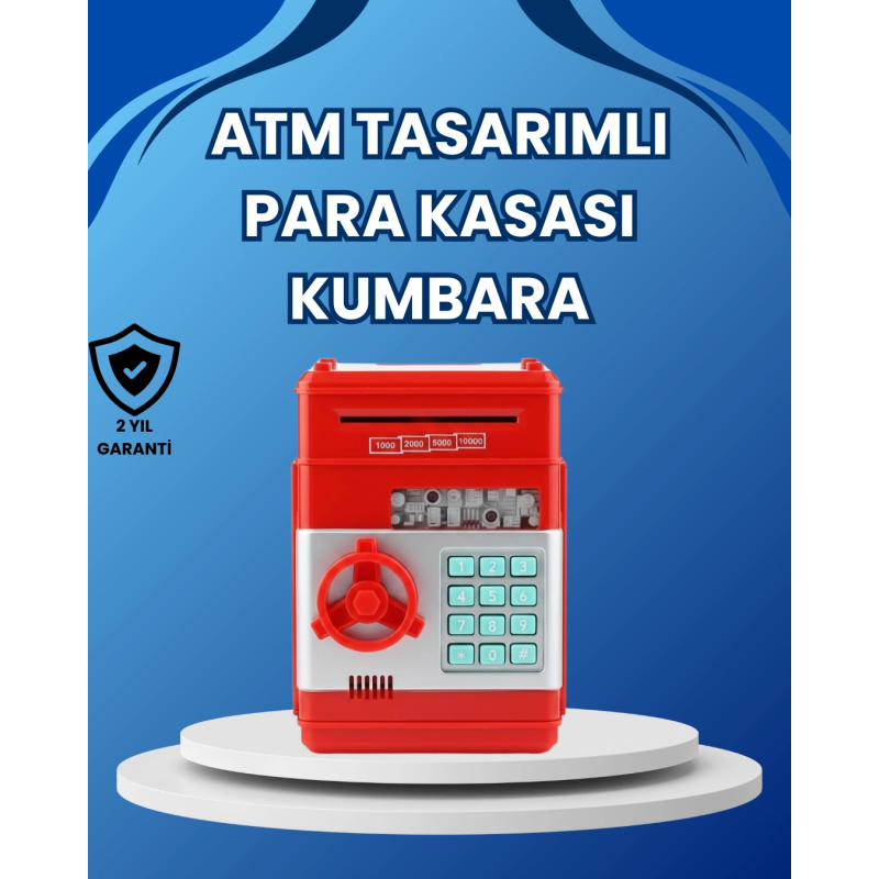 Kırmızı Atm Tasarımlı Şifreli Para Kasası Kumbara Kırmızı Atm Tasarımlı Şifreli Para Kasası Kumbara