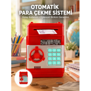 Kırmızı Şifreli Atm Kasa Para Yutan Kumbara