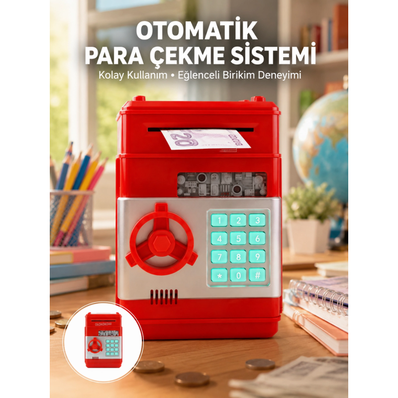 Kırmızı Şifreli Atm Kasa Para Yutan Kumbara Kırmızı Şifreli Atm Kasa Para Yutan Kumbara