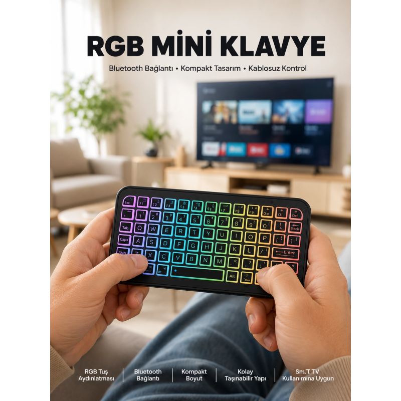Kompakt Siyah Rgb Işıklı Bluetooth Mini Klavye Kompakt Siyah Rgb Işıklı Bluetooth Mini Klavye