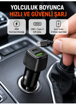 Kompakt Tasarımlı Type-c + Usb Girişli Araç Şarj Başlığı