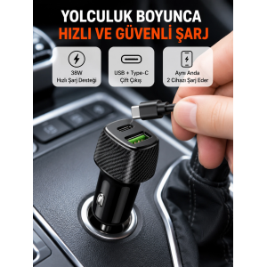 Kompakt Tasarımlı Type-c + Usb Girişli Araç Şarj Başlığı