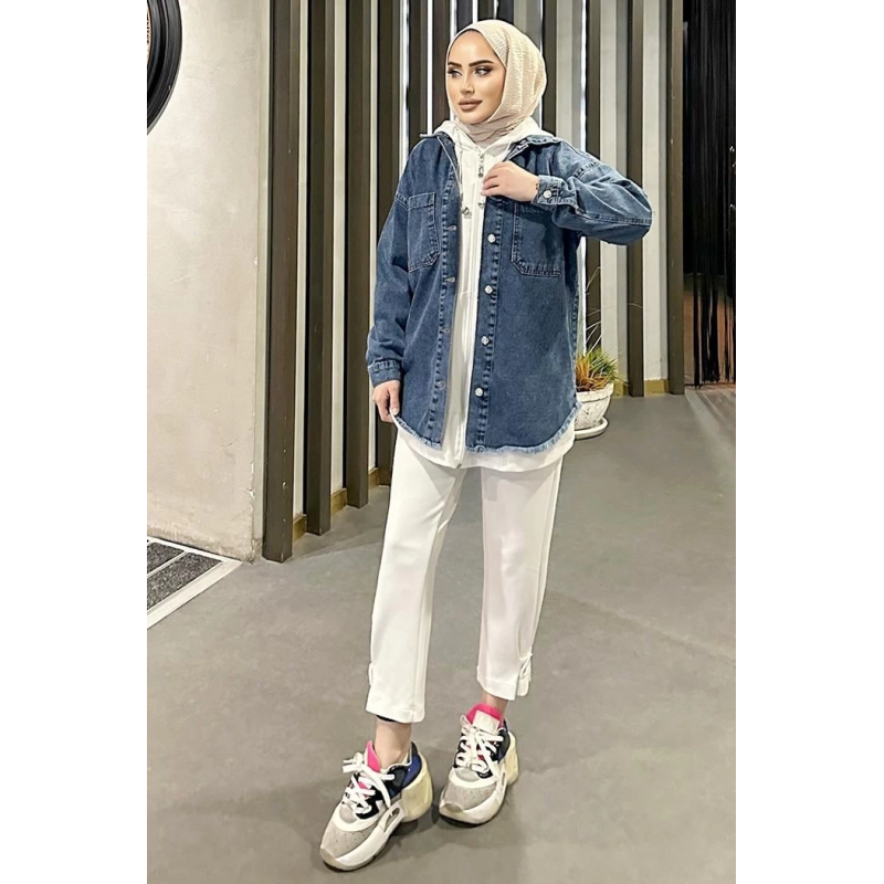 Koyu Mavi Kar Yıkama Püskül Detay Kot Ceket Oversize Koyu Mavi Kar Yıkama Püskül Detay Kot Ceket Oversize