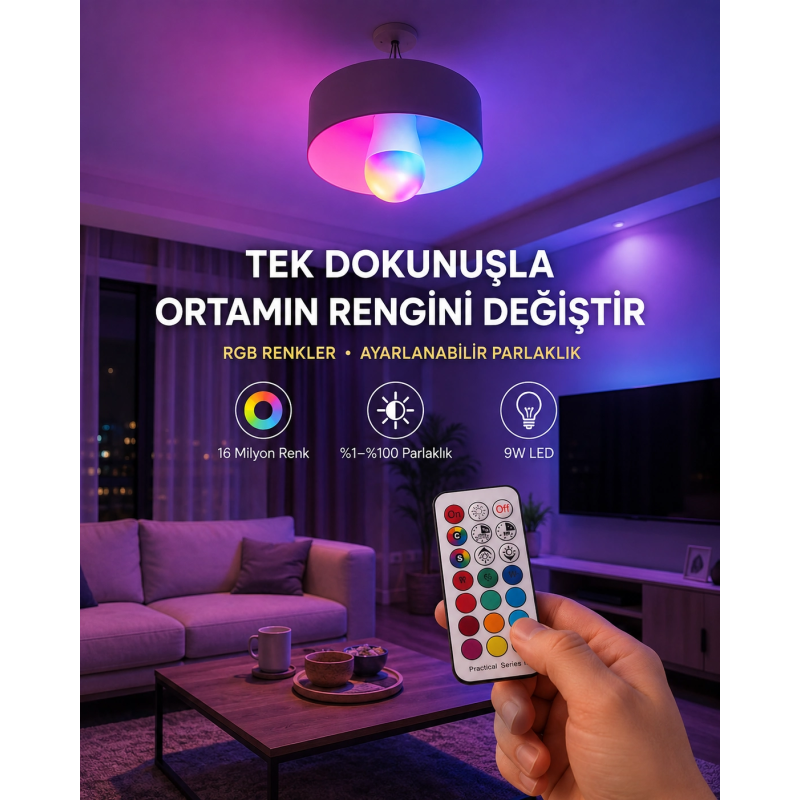 Kumanda Destekli Çok Renkli Akıllı Led Ampul Yeni Nesil Kumanda Destekli Çok Renkli Akıllı Led Ampul Yeni Nesil