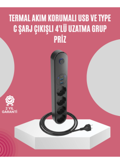 Led Anahtarlı Akım Korumalı Çoklu Priz 4 Priz 3 Usb Girişli