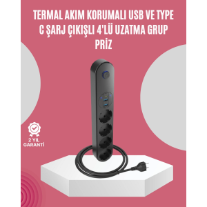 Led Anahtarlı Akım Korumalı Çoklu Priz 4 Priz 3 Usb Girişli