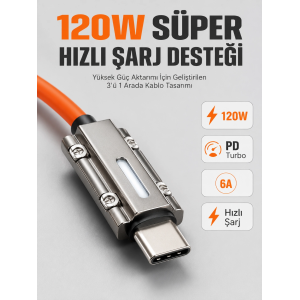 Led Göstergeli 120w Pd Turbo Destekli Premium 3ü 1 Arada Şarj Kablosu