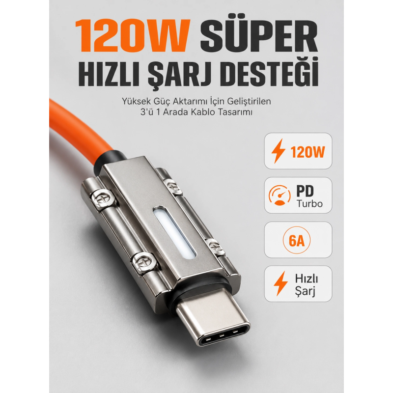 Led Göstergeli 120w Pd Turbo Destekli Premium 3ü 1 Arada Şarj Kablosu Led Göstergeli 120w Pd Turbo Destekli Premium 3ü 1 Arada Şarj Kablosu