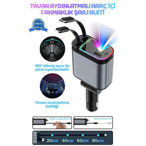 Led Işık Tavan Aydınlatmalı 66w 4’1 Çift Kablolu Hızlı Şarj 3.4a Araç İçi Çakmaklık Şarj Aleti