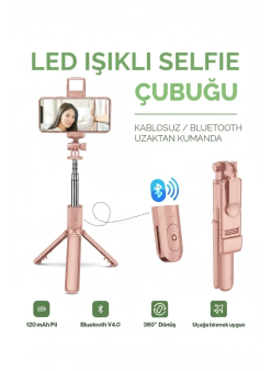 Led Işıklı Selfie Çubuğu Bluetooth Kumandalı Kablosuz Tripot Selfie Monopod Selfie Stick (pembe)