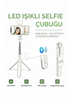 Led Işıklı Selfie Çubuğu Bluetooth Kumandalı Kablosuz Tripot Selfie Monopod Selfie Stick (beyaz)