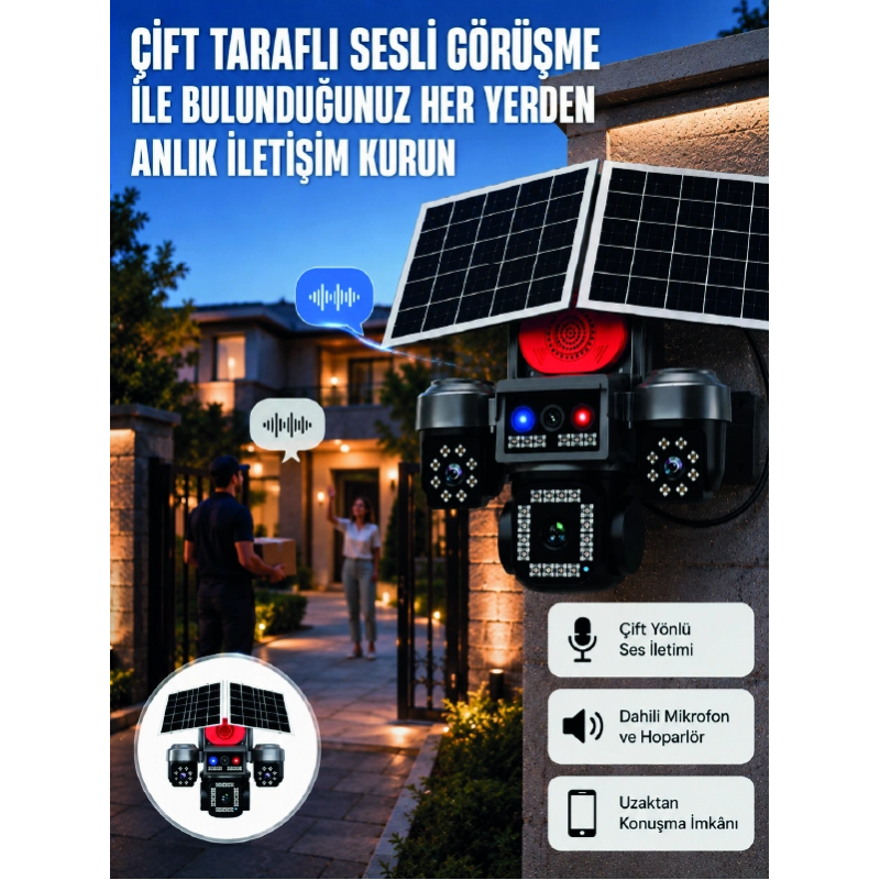 Led Projektörlü Sirenli Güneş Enerjili Akıllı Güvenlik Kamerası Led Projektörlü Sirenli Güneş Enerjili Akıllı Güvenlik Kamerası