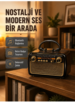 Led’li Nostaljik Bluetooth Hoparlör – Vintage Tasarım, Ahşap Doku