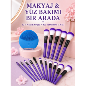 Makyaj Ve Yüz Bakım Seti 12’li Mor Makyaj Fırçası Silikon Yüz Temizleme Ve Cilt Bakım Cihazı