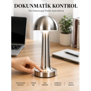 Mantar Masa Lambası Dokunmatik 3 Renk Işık Şarjlı Kablosuz Modern Krom Tasarım Yeni Nesil