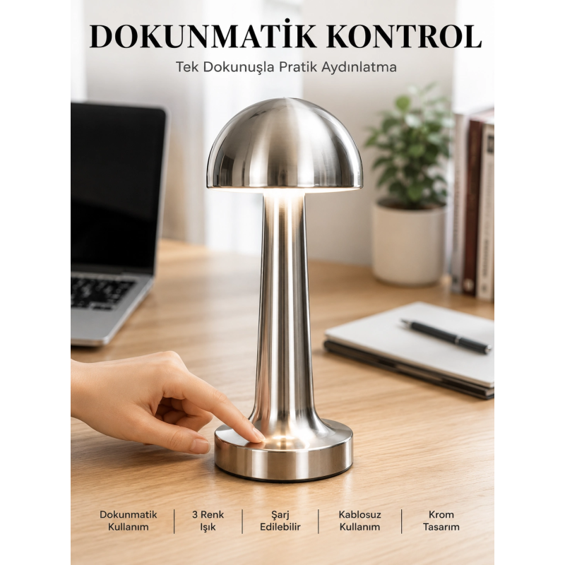 Mantar Masa Lambası Dokunmatik 3 Renk Işık Şarjlı Kablosuz Modern Krom Tasarım Yeni Nesil Mantar Masa Lambası Dokunmatik 3 Renk Işık Şarjlı Kablosuz Modern Krom Tasarım Yeni Nesil