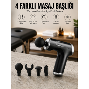 Masaj Tabancası 4 Başlıklı Kas Ve Vücut Ağrıları İçin Şarjlı Darbeli