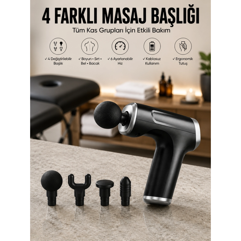 Masaj Tabancası 4 Başlıklı Kas Ve Vücut Ağrıları İçin Şarjlı Darbeli Masaj Tabancası 4 Başlıklı Kas Ve Vücut Ağrıları İçin Şarjlı Darbeli