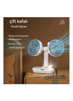 Masaüstü Dijital Ekranlı Çift Fanlı Led Işıklı Soğutucu Fan Ev Ofis Şarjlı Vantilatör