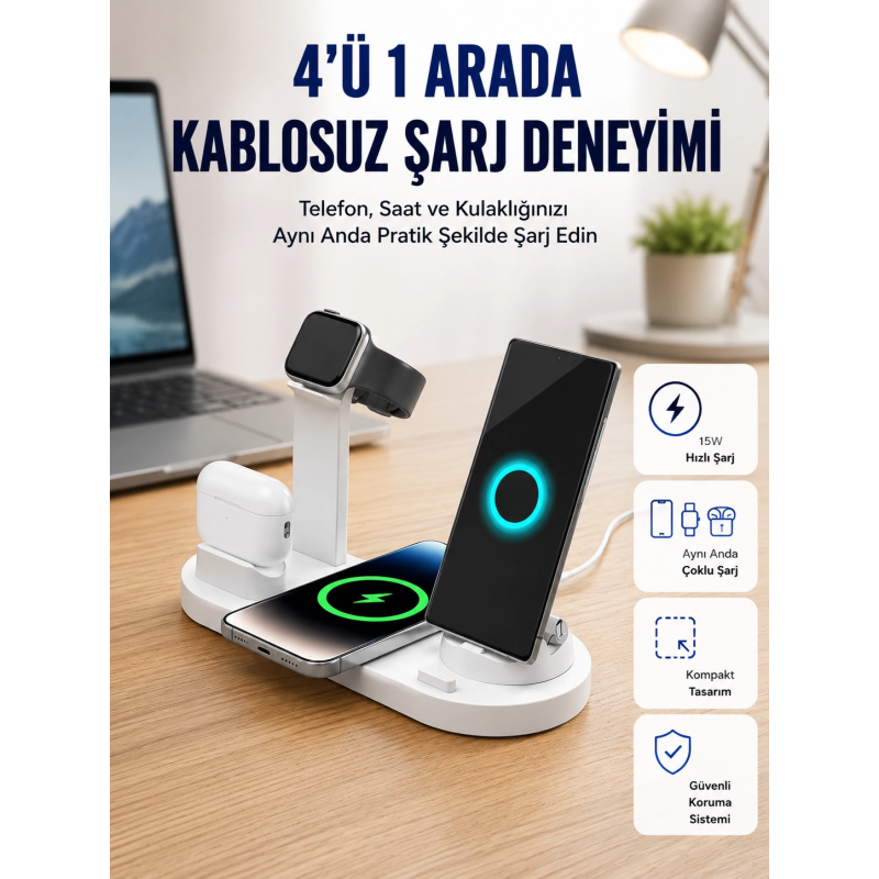 Masaüstü Düzenleyici 4’ü 1 Arada Kablosuz Şarj Aksesuarı Yeni Nesil Masaüstü Düzenleyici 4’ü 1 Arada Kablosuz Şarj Aksesuarı Yeni Nesil