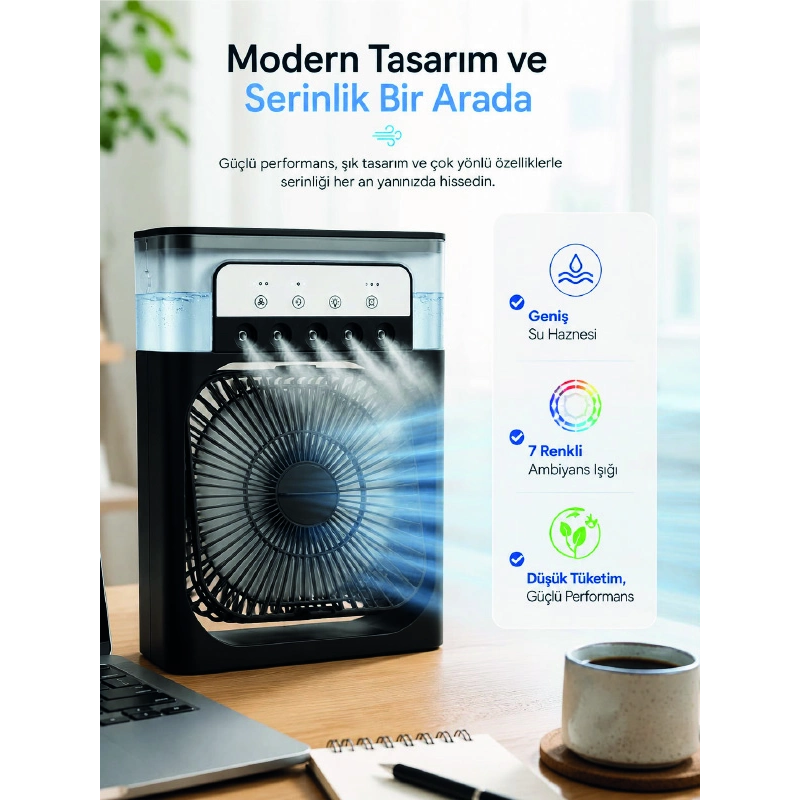 Masaüstü Püskürtmeli Serinletici Fan 5 Sisleme, 3 Fan Hızı, 7 Renk Ambiyans Işığı Masaüstü Püskürtmeli Serinletici Fan 5 Sisleme, 3 Fan Hızı, 7 Renk Ambiyans Işığı