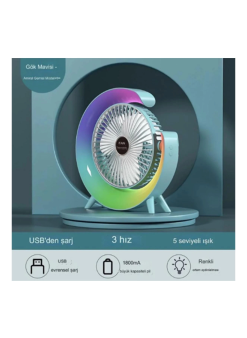 Masaüstü Vantilatör Usb Şarjlı Rgb Led Işıklı 3 Kademeli 180° Ayarlanabilir Soğutucu Fan Mavi