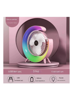 Masaüstü Vantilatör Usb Şarjlı Rgb Led Işıklı 3 Kademeli 180° Ayarlanabilir Soğutucu Fan Pembe