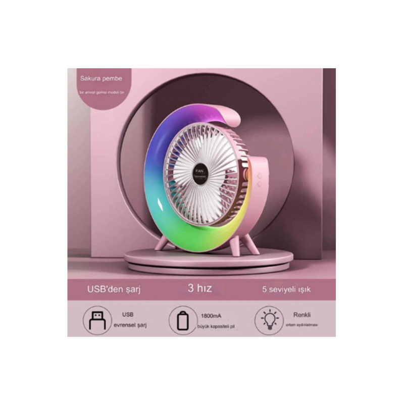 Masaüstü Vantilatör Usb Şarjlı Rgb Led Işıklı 3 Kademeli 180° Ayarlanabilir Soğutucu Fan Pembe Masaüstü Vantilatör Usb Şarjlı Rgb Led Işıklı 3 Kademeli 180° Ayarlanabilir Soğutucu Fan Pembe