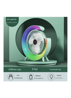 Masaüstü Vantilatör Usb Şarjlı Rgb Led Işıklı 3 Kademeli 180° Ayarlanabilir Soğutucu Fan Yeşil