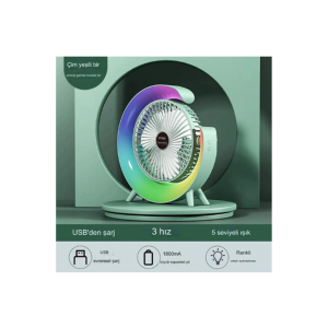 Masaüstü Vantilatör Usb Şarjlı Rgb Led Işıklı 3 Kademeli 180° Ayarlanabilir Soğutucu Fan Yeşil