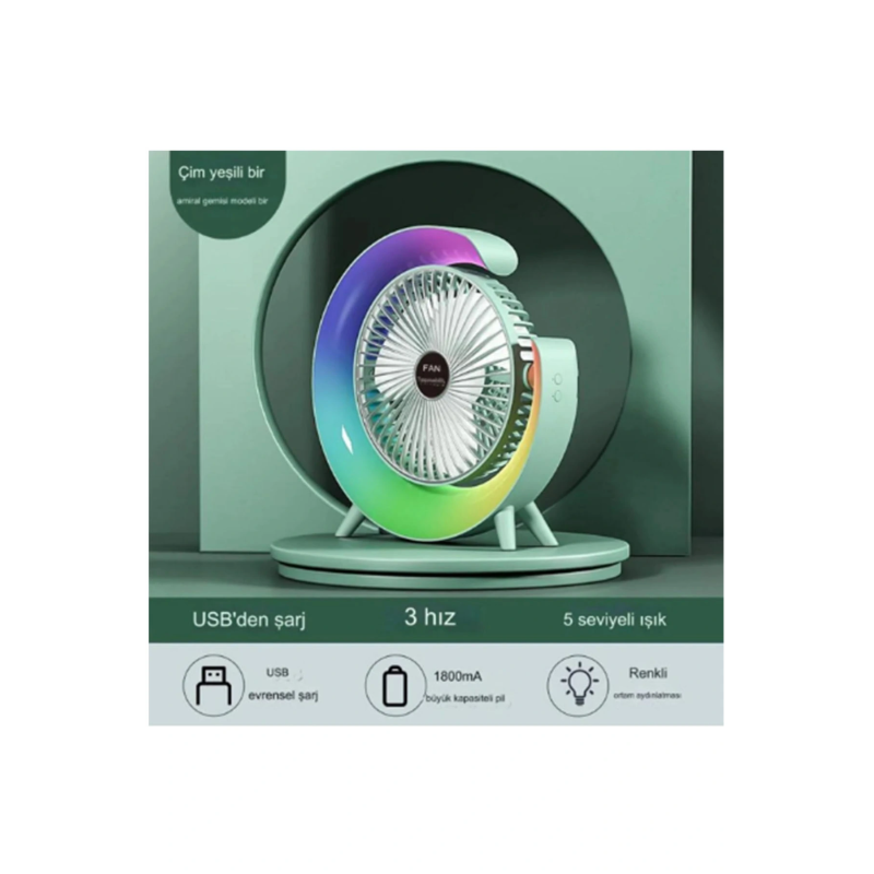 Masaüstü Vantilatör Usb Şarjlı Rgb Led Işıklı 3 Kademeli 180° Ayarlanabilir Soğutucu Fan Yeşil Masaüstü Vantilatör Usb Şarjlı Rgb Led Işıklı 3 Kademeli 180° Ayarlanabilir Soğutucu Fan Yeşil
