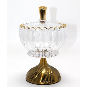 Metal Ayaklı Kristal Cam Şekerlik Gold Detaylı Sunumluk Alk4871