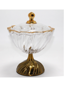 Metal Ayaklı Kristal Cam Şekerlik Gold Detaylı Sunumluk Alk4872