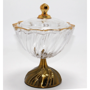 Metal Ayaklı Kristal Cam Şekerlik Gold Detaylı Sunumluk Alk4872
