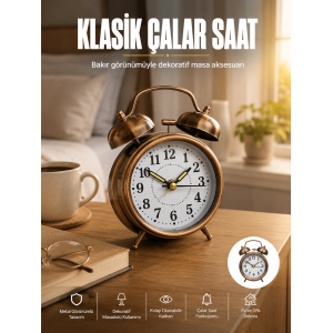 Metal Bronz Nostaljik Masa Saati Alarmlı Büyük Boy Sessiz Mekanizmalı