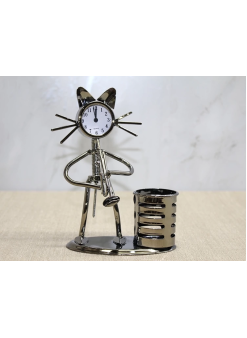 Metal Saksafon Çalan Kedi Müzisyen Saat Ve Kalemlik Alk4346