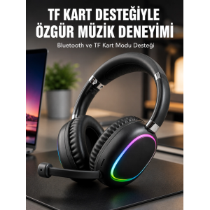 Mikrofonlu Bluetooth Kulak Üstü Kulaklık Rgb Aydınlatmalı Type-c Şarjlı
