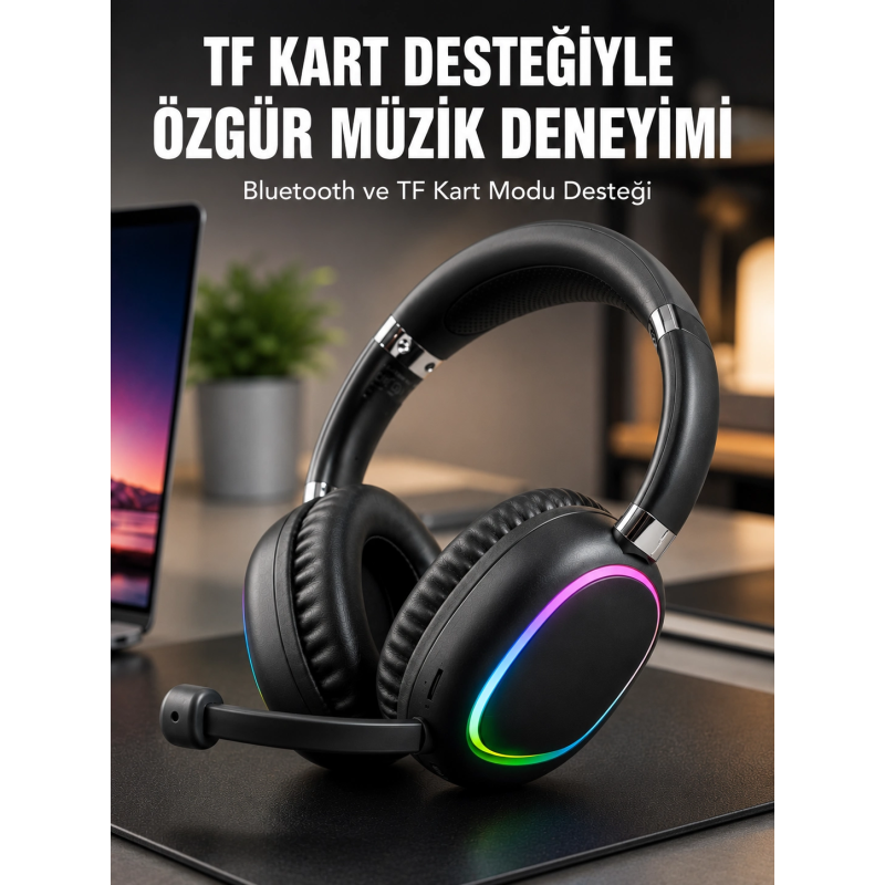 Mikrofonlu Bluetooth Kulak Üstü Kulaklık Rgb Aydınlatmalı Type-c Şarjlı Mikrofonlu Bluetooth Kulak Üstü Kulaklık Rgb Aydınlatmalı Type-c Şarjlı