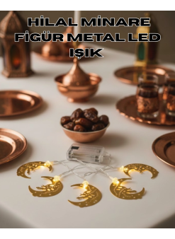 Minareli Hilal Led Işık Gold Metal Gövdeli Pilli Ramazan Dekoru