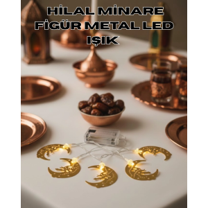 Minareli Hilal Led Işık Gold Metal Gövdeli Pilli Ramazan Dekoru