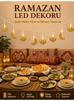 Minareli Hilal Led Işık Gold Metal Gövdeli Pilli Ramazan Dekoru