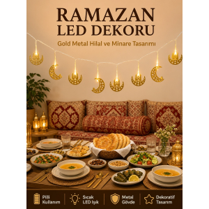 Minareli Hilal Led Işık Gold Metal Gövdeli Pilli Ramazan Dekoru
